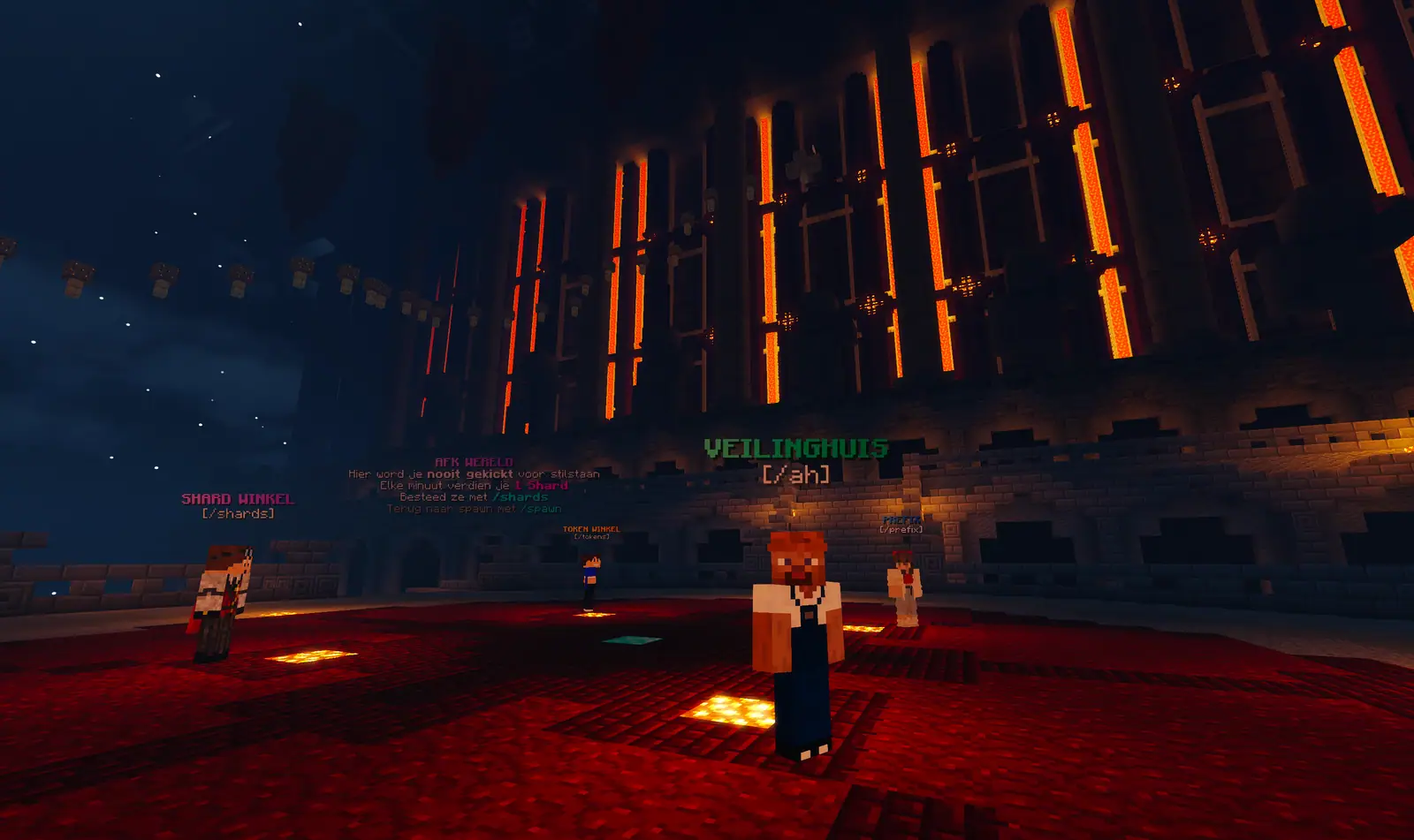 De donkere AFK-wereld met gloeiende lavakolommen en de shop-NPC’s