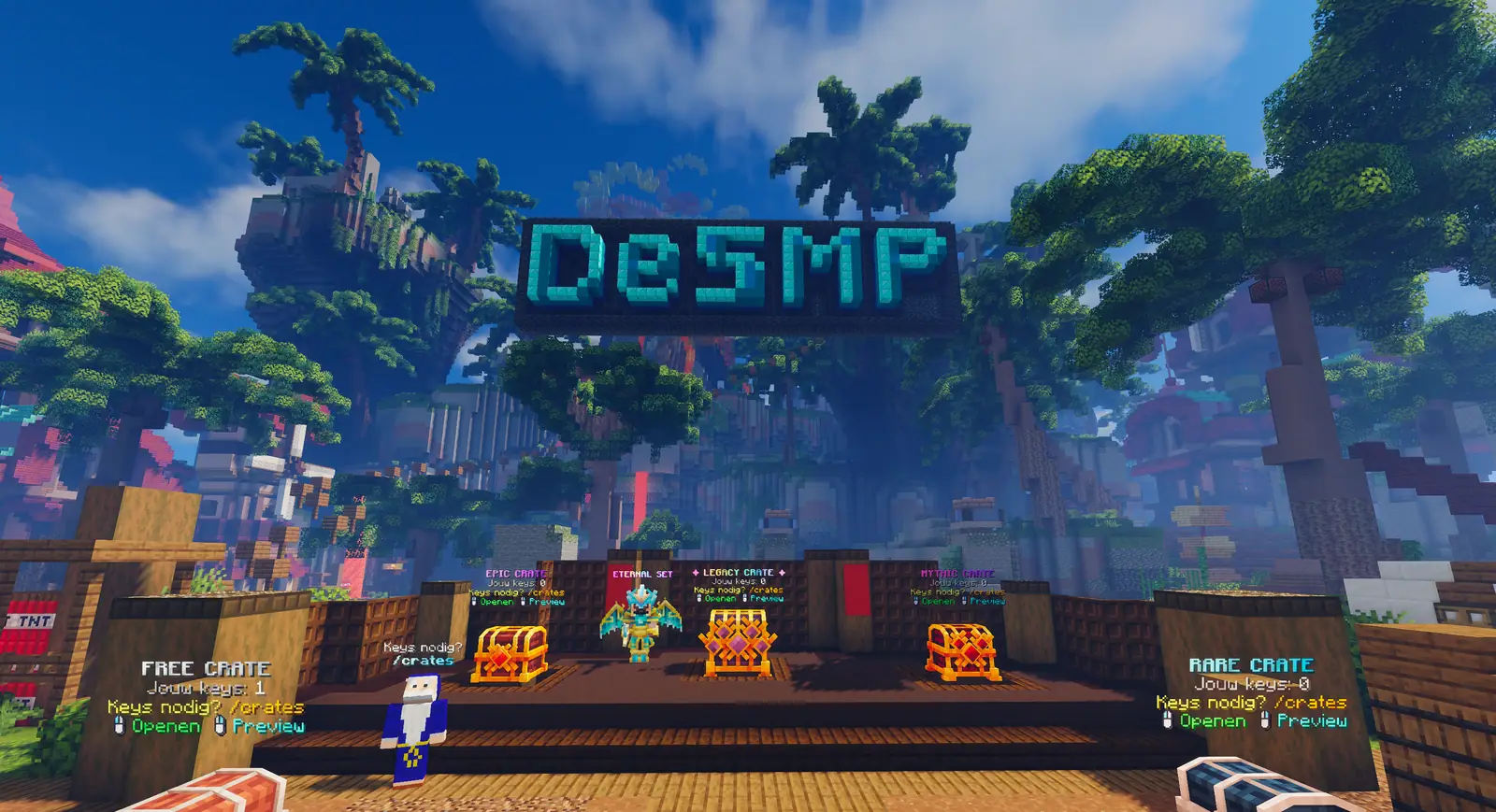 Het crateplein in de hub met de Free, Epic, Legacy, Mythic en Rare Crates onder het DeSMP-logo
