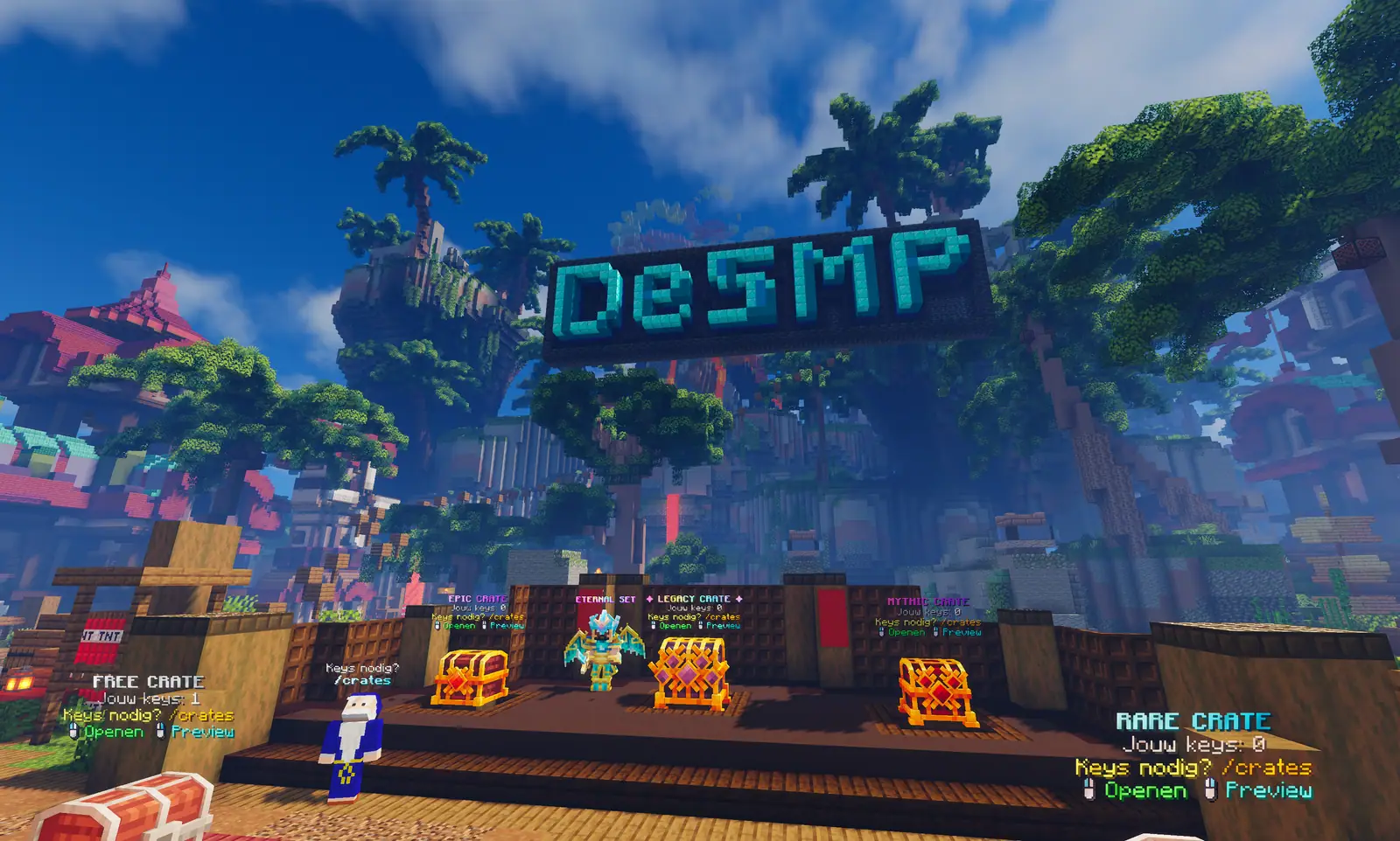 Het cratepodium met gouden crates, de Eternal Set en een NPC in de jungle-hub