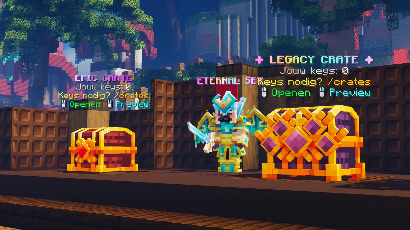 Speler in het cyaan-gouden Eternal-harnas met vleugels tussen de Epic en Legacy Crate