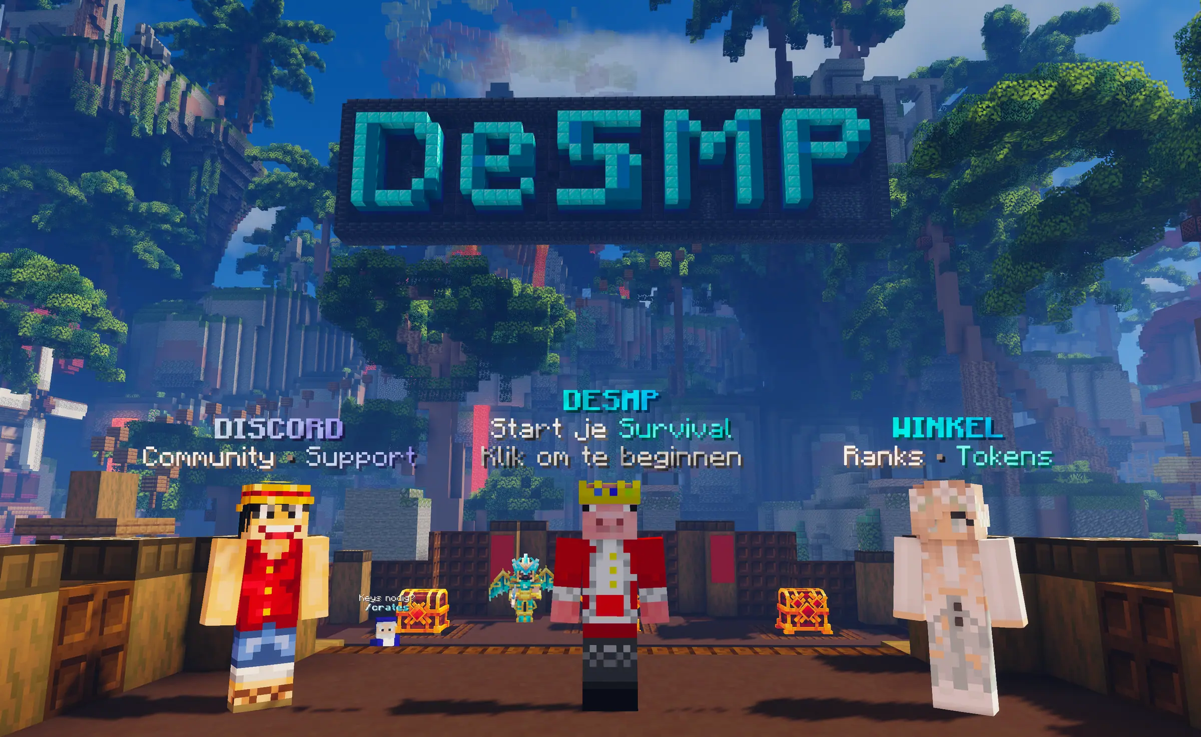 De DeSMP-hub met het grote cyaan DeSMP-logo boven de spawn, standbeelden en jungle met zwevende eilanden