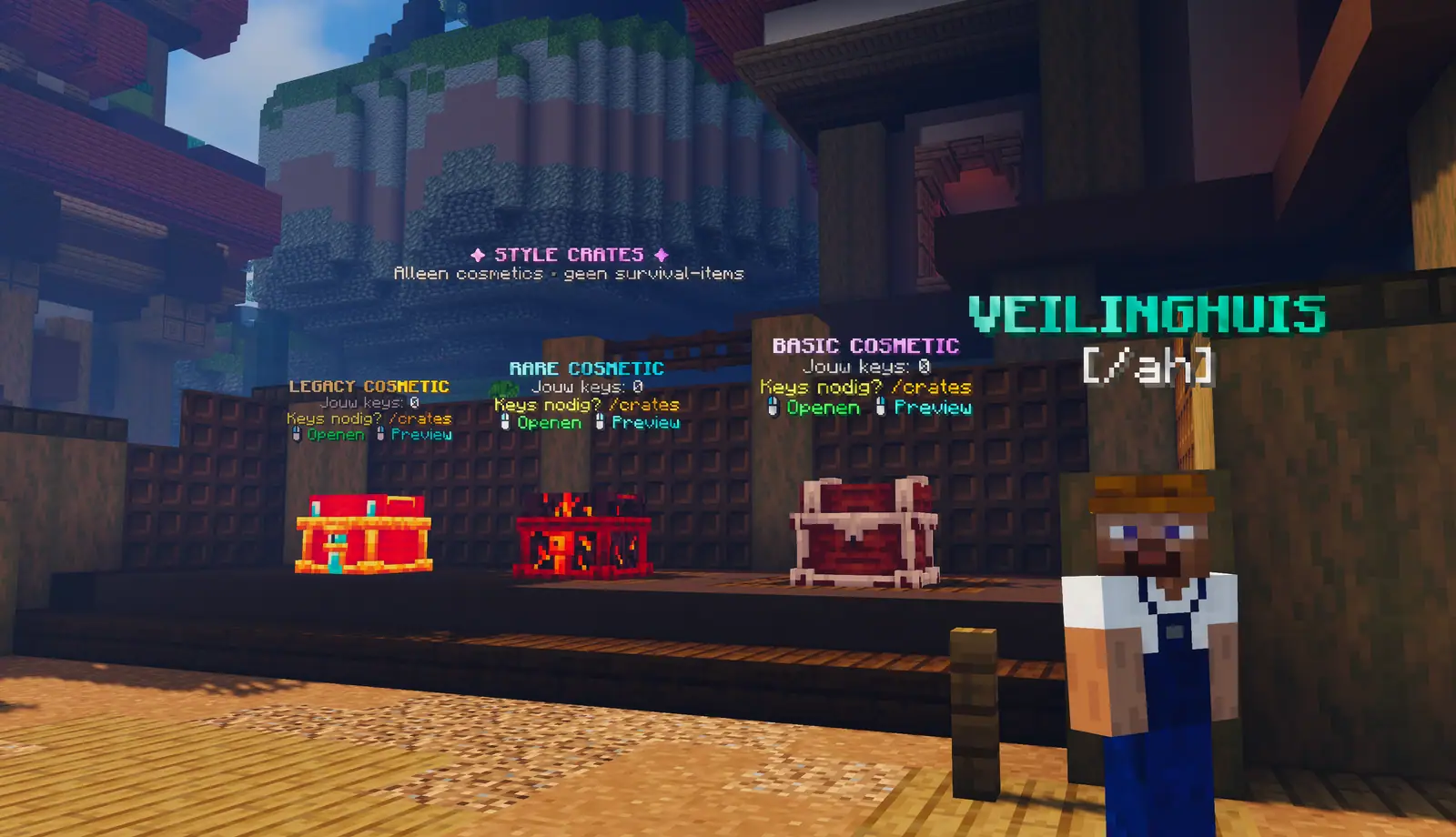 De Style Crates met cosmetics naast de Veilinghuis-NPC bij avondlicht