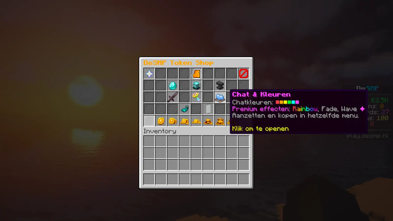 De Token Shop in-game met chatkleuren en premium effecten in een Nederlands menu